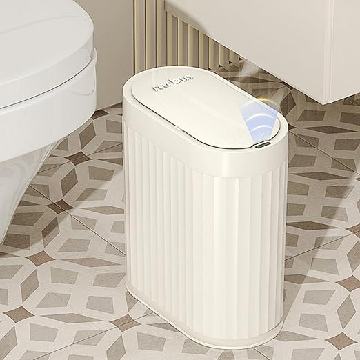 MRBIN Small Trash Can for Bathroom, Automatic Touch Less Garbage Bin with Lid, 2 Gallon Plastic Slim Waste Basket for Office and Kitchen, Electric Motion Sensor Bedroom Bin, Cream White