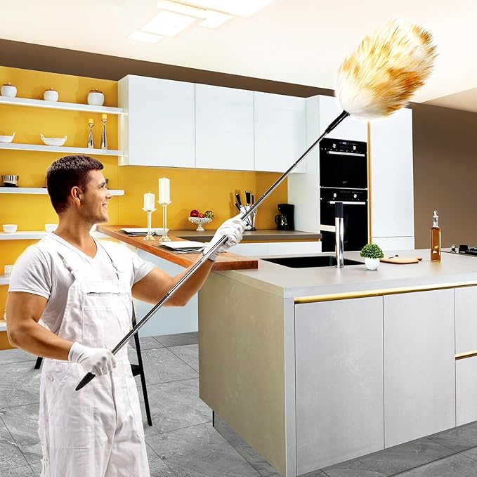 Extendable Lambswool Duster 30-55inch with Aluminium Alloy Handle, Natural Long Feather Duster for Cleaning Fans, Ceiling, Bookshelevs, for Home&Office