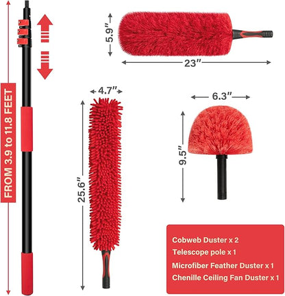 5-12 FT Extension Pole with 2 Outdoor Cobweb Brushes, 20 FT High Reach Ceiling Fan Cleaner Duster for Home, 12 FT Extendable Pole with 4 Pcs Dusting Tools, Cubweb Dusters, Feather Dusters, Fan Duster