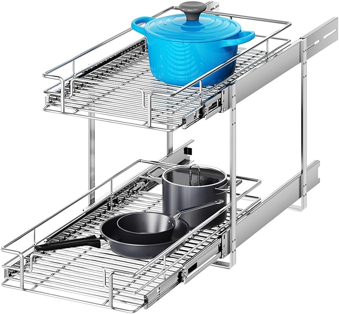 2 Tier Individual Pull Out Cabinet Organizer 13½" W x 18" D, Heavy Duty Cabinet Pull Out Shelves, Slide Out Drawers Organization for Kitchen Cabinets Bathroom