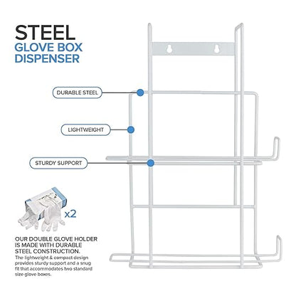Stock Your Home (White Metal Double Gloves Dispenser, Tissue Box Shelf, Glove Box Holder Wall Mount, For Kitchen, Cleaning Closet, Lab, Exam, Office