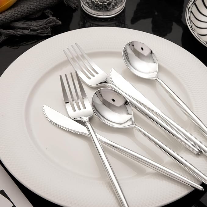 Rubtlamp 180 Pcs Silver Plastic Silverware, Silver Utensils Heavy Duty, Elegant Plastic Cutlery, Fancy Disposable Flatware, Forks Spoons and Knives Set For Party Mother's Day