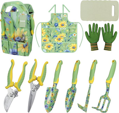 10-Piece Garden Tool Set – Green Floral Gardening Hand Tools with Non-Slip Handles, Heavy Duty Rust-Proof Aluminum Tools, Organizer Tote Bag, Ideal Gardening Gifts for Women & Grandma