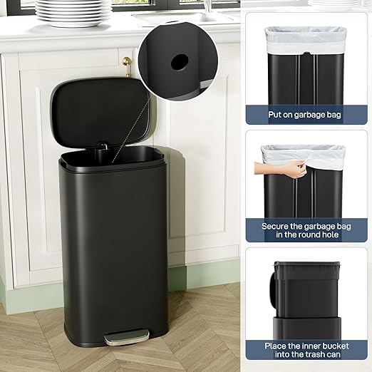 Arlopu13.2 Gallon Step Trash Can, Stainless Steel Garbage Bin, Soft-Close Rubbish Bin with Removable Plastic Inner Bucket, Fingerprint-Proof, Lid Dustbin, Suit for Kitchen Home (Black, 50L)