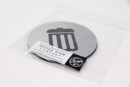 Metal Trash & Recycling Signs | Garbage & Recycling Bin Marker | Set of 2 - 1 Black Trash Sign & 1 Green Recycle Sign | 3" Round, Brushed Silver Aluminum Signs | Made in USA