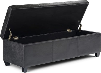 SIMPLIHOME Avalon 48 inch Wide Contemporary Rectangle Storage Ottoman Bench in Distressed Black Distressed Vegan Faux Leather, Assembled, For the Living Room, Entryway and Family Room