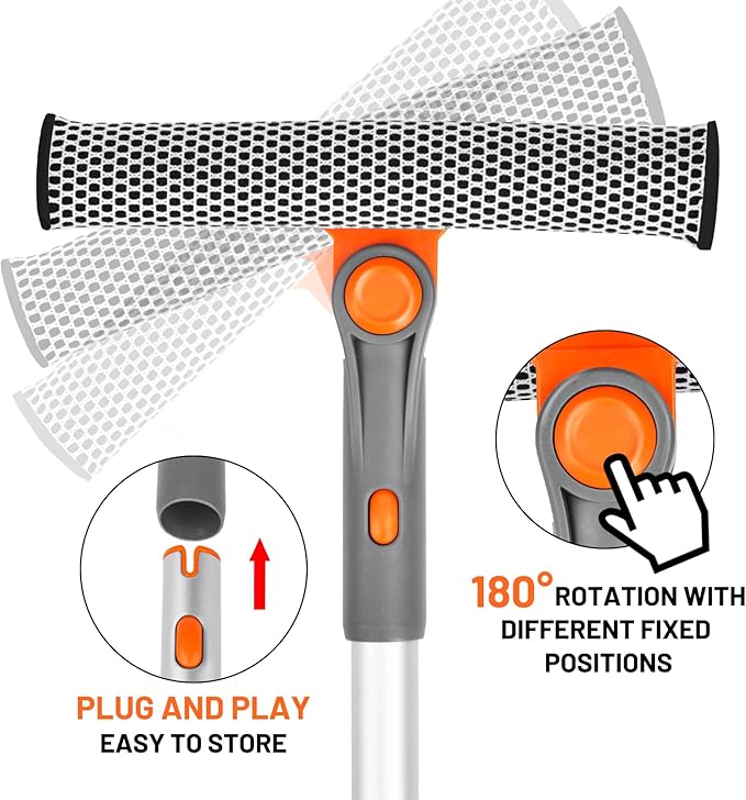 eazer Professional Window Squeegee, 2-in-1 Rotatable Squeegee for Window Cleaning Kit, Window Cleaner Tool, Window Washing Equipment Kit with Extension Pole (20''-30'') for Shower/Windshield - 2 Head