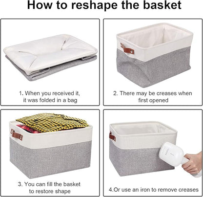 Univivi 15 inch Large Storage Baskets 4PC Gray Hard Bottom Foldable Storage Bins with PU Handles for Shelf Rectangle Fabric Baskets for Organizing (15”X10.5”X9.5”)