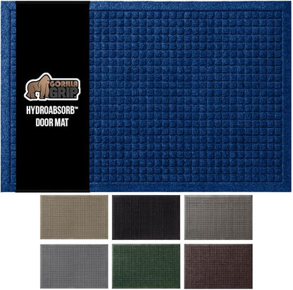GORILLA GRIP Front Door Mat, Indoor Outdoor Ultra Absorbent HydroAbsorb Doormat, Absorbs Up to 1.7 Cups of Water, Stain and Fade Resistant, Rubber Backing Doormats, Captures Dirt, 29x17 Blue