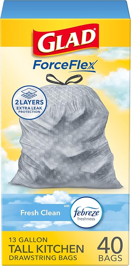 Glad ForceFlex Tall Kitchen Trash Bags, 13 Gallon, Gain Fresh Clean, 40 Count (Package May Vary)