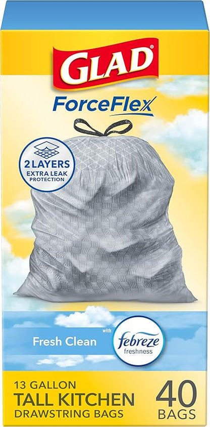 Glad ForceFlex Tall Kitchen Trash Bags, 13 Gallon, Gain Fresh Clean, 40 Count (Package May Vary)