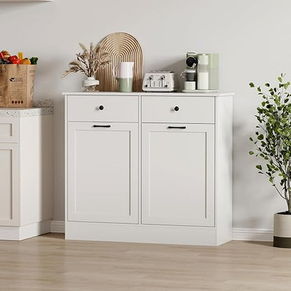 Double Tilt Out Trash Can Cabinet, 2 x 10 Gallon Wooden Trash Bin Cabinet with 2 Hideaway Drawers & Deodorizer, Freestanding Hidden Garbage Can Storage for Kitchen, Dining, Living Room, Pet-Proof Desi