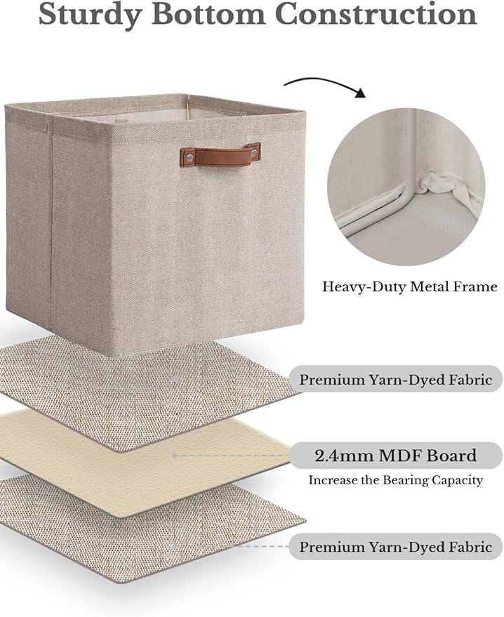 StorageWorks 13x13 Inches Storage Cube, Fabric Storage Bins with PU Handles, Collapsible Organizer Baskets for Closet, Brown and Beige, 6-Pack
