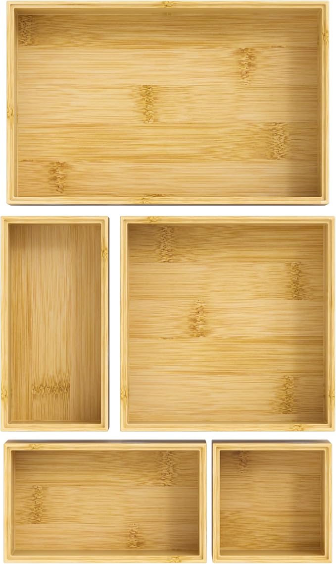 Bamboo Drawer Organizer Set, 5 PCS Multi-use Varied Sizes Junk Drawer Organizer Kitchen Storage Box for Office, Home, Bedroom, Bathroom, Bamboo
