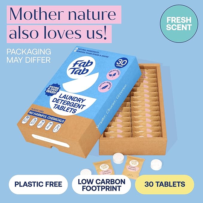 Fab Tab Laundry Detergent Tablets, Plant-Based Formula, Removes Tough Stains, Plastic-Free Alternative to Pods, All Washing Machines (30 Count, Floral)