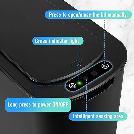 Cesun Automatic Motion Sensor Black Bathroom Trash Can with Lid, 2.6 Gallon Touchless Trash Bin, Smart Plastic Slim Garbage Can Small Wastebasket for Toilet, Office, rv, Bedroom, Living Room