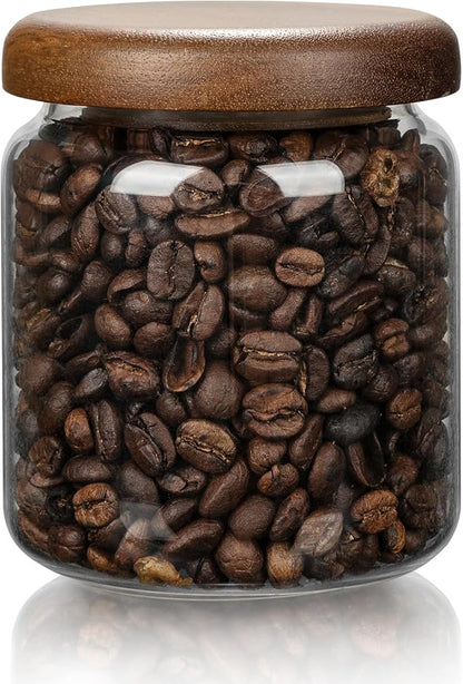 1 PC Small Glass Storage Jars with Airtight Lids, 14 FL OZ (420ml) coffee container with Wooden Lid, Glass Pantry Canister for Beans, Rice, Sugar and etc