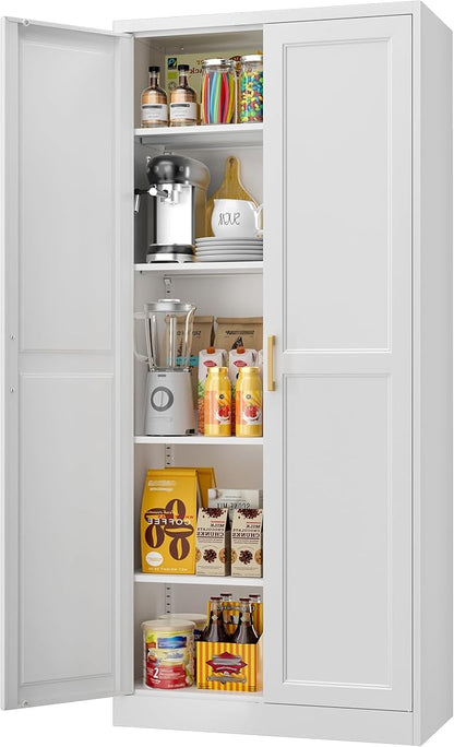 71" Tall Metal Storage Cabinet, Kitchen Pantry Storage Cabinets with Doors and 4 Shelves, White Pantry Cabinet, Utility Kitchen Cupboard, Large Steel Cabinets for Dining, Office, Living Room