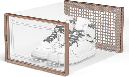Kuject X-Large Shoe Storage Boxes Organizers for Closet 12 Pack, Fit Size 11,Clear Plastic Stackable Sneaker Containers for Entryway, Space Saving Shoe Rack,Substitute for Drawer Organize Unit, Brown
