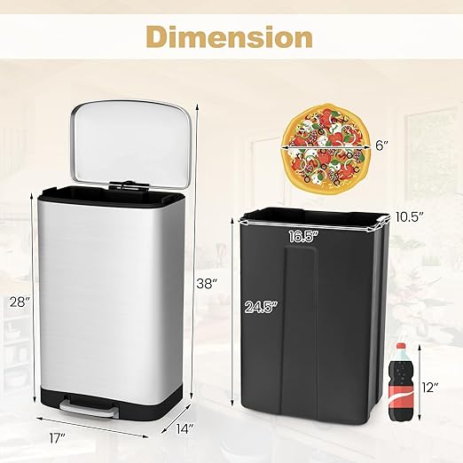 S AFSTAR 13.2 Gal Step Trash Can, 50 Liter Stainless Steel Pedal Trash Bin W/Lock Device & Soft Closing Lid, Recycling or Waste Bin, Rectangular Hand-Free Step-on Garbage Bin for Kitchen Home Office