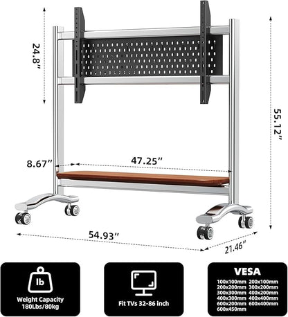 Stainless Steel Art Rolling TV Cart, Mobile TV Stand for 65-110inch TVs, Heavy Duty TV Stand with Wood Shelf&Large Storage Pegboard 220 lb. Load Capacity, Max VESA 1200x600mm (Style 1)