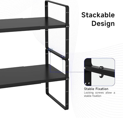 Expandable Cabinet Shelf Organizer, Stackable Kitchen Pantry Counter Storage, Adjustable Cupboard Stand Rack Risers Spice Organization Heavy Duty Black Small 3 Pack