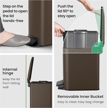 Cesun Small Bathroom Trash Can with Lid Soft Close, Step Pedal, 6 Liter / 1.6 Gallon Stainless Steel Garbage Can with Removable Inner Bucket, Anti-Fingerprint Finish (Brown)