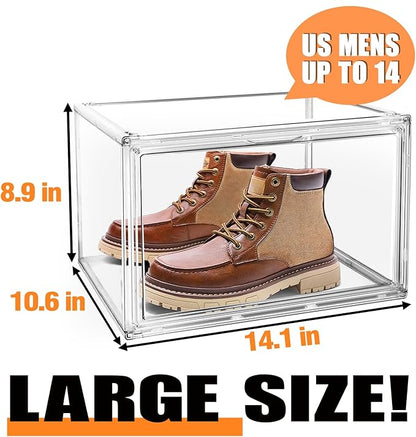 4 Pack Acrylic Shoe Boxes Sneaker Storage for Sneakerheads Clear Plastic Stackable Boot Shoe Collectibles Display Case, Size 13