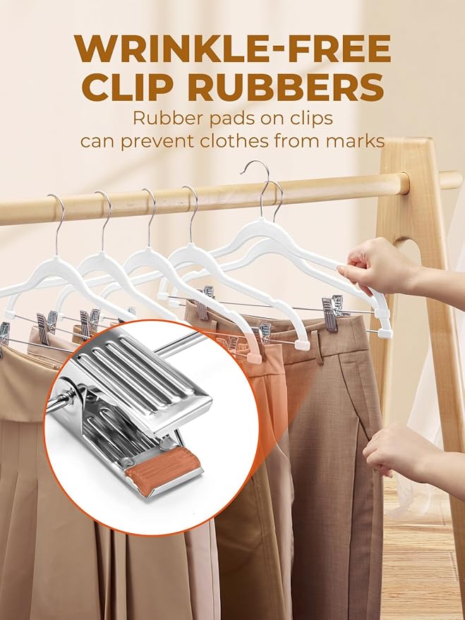HOUSE DAY Velvet Skirt Hangers 24 Pack, White Velvet Hanger with Adjustable Clips, Space Saving Slim Pant Hangers, Heavy Duty Non Slip Clip Hanger for Pants, Skirts, Shorts