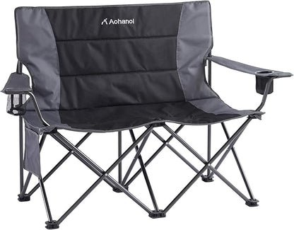 Oversized Double Camping Chairs for Adults, 2 Person Padded Folding Camp Chairs with 2 Cup Holders, Side Pocket for Outside, Picnic, Lawn, Big Heavy Duty Outdoor Loveseat, Black
