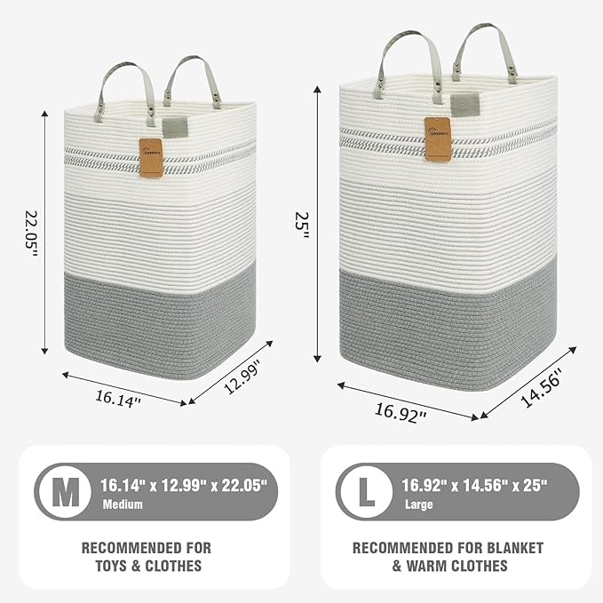 danpinera 100L Nursery Hamper, Tall Woven Laundry Basket with Long Leather Handles, Boho Laundry Hamper for Living Room & Bedroom, Eco-friendly & Convenient Decorative Storage Basket White & Gray