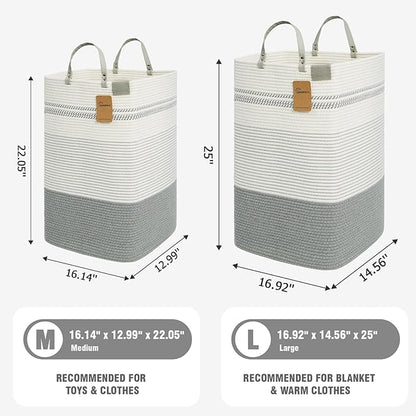 danpinera 100L Nursery Hamper, Tall Woven Laundry Basket with Long Leather Handles, Boho Laundry Hamper for Living Room & Bedroom, Eco-friendly & Convenient Decorative Storage Basket White & Gray