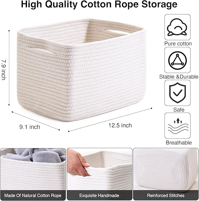 Storage Baskets for Organizing, Woven Basket for Storage, Storage Baskets Bin for Shelves, Cotton Rope Basket with Handles, 12.5"Lx9.1"Wx7.9"H, (4 Packs) Off White