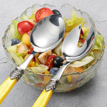 2-piece Salad Servers Stainless Steel Salad Serving Set Salad Fork and Spoon (Yellow)