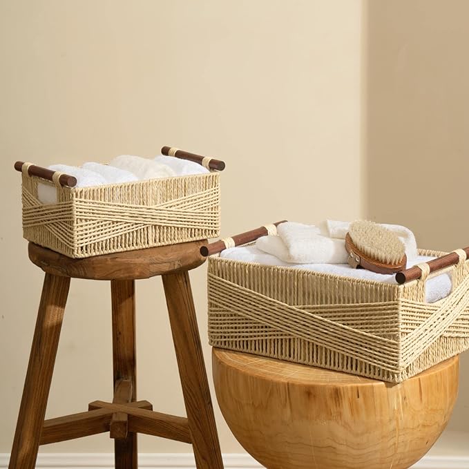 LA JOLIE MUSE Wicker Storage Baskets for Organizing, Recyclable Paper Rope Basket with Wood Handles, Decorative Hand Woven Basket Organizers for Makeup Books Shelves Living Room, Beige, Set of 2