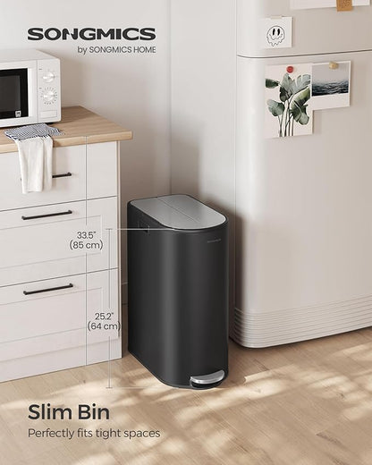 SONGMICS 13-Gallon Dual Kitchen Trash Can, 5.3 and 8 Gallon Compartments, Garbage Can with Wing Lids, Stainless Steel, Soft Close, Inner Buckets, Ink Black and Metallic Silver ULTB570B50