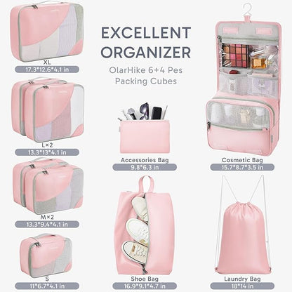 ALL INCLUDED 10 Set Durable Packing Cubes for Suitcases,OlarHike Essentials for Travel, UPGRADED Anti-Tear Stitching, NEW Improved Luggage Packing Organizers for Travel Accessories (Pink)