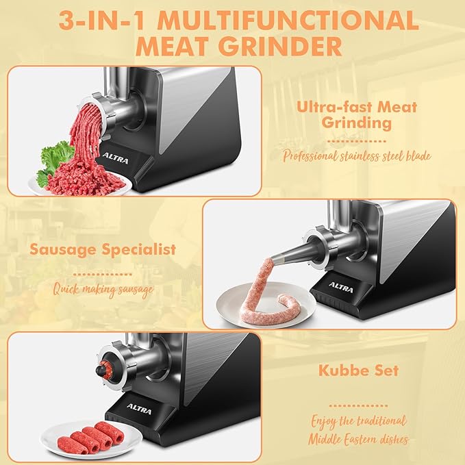 #8 Meat Grinder, [3200W Max] Electric Heavy Duty Sausage Stuff with 2 Stainless Steel Blades and 3 Grinding Plates, Sausage Tube & Kibbe Kit, for Commercial & Home Use