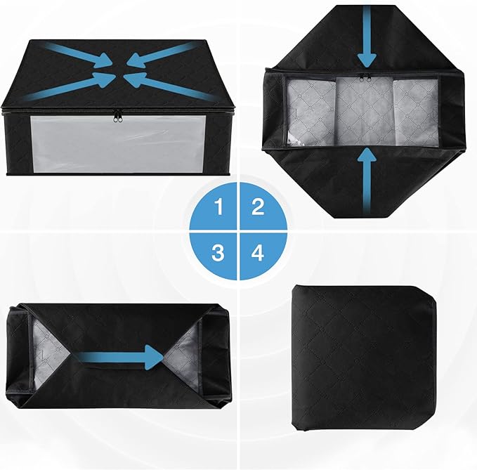 HomeHacks Storage 10-Pack Clothes Organizer Storage Bags Foldable Storage Box with Large Clear Window Sturdy Handles for Closet, Dorm, Pillows, Bedding, Clothes, Blankets, 35L, Black