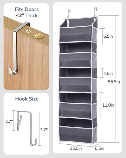 ULG 1 Pack Over Door Organizer with 5 Large Pockets 10 Mesh Side Pockets, 44 lbs Weight Capacity Hanging Storage Organizer with Clear Window Kids Toys, Shoes, Diapers, Dark Grey, 5 Layers