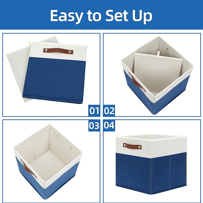 Temary Collapsible Storage Boxes - 12x12 Blue Cube Storage Bins with Handles for Organizing Home, White&Blue