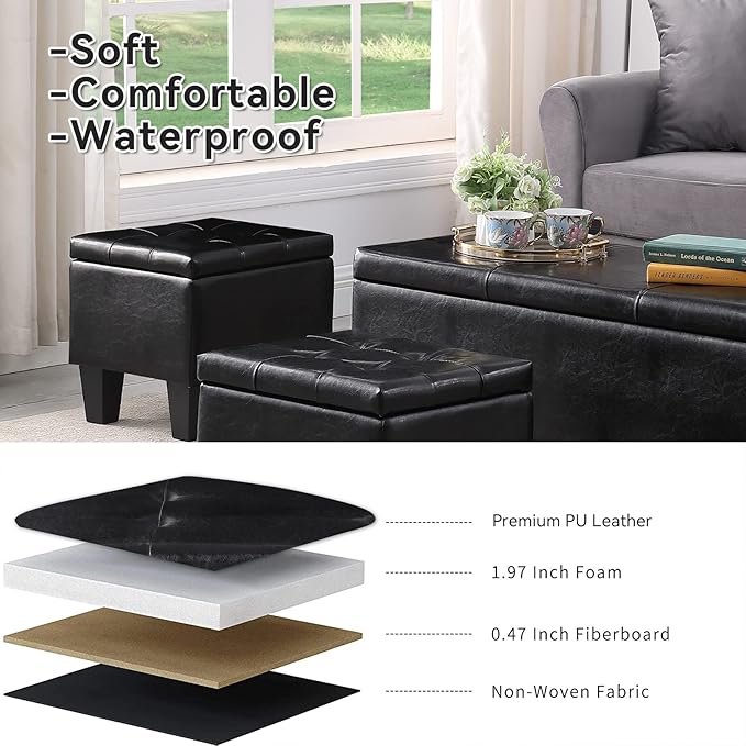 Storage Ottoman Set of 3, 38'' Button-Tufted Coffee Table Bench with 2pcs Nesting Foot Stools, for Living Room Couch, Bedroom, End of Bed (Black - PU Leather)