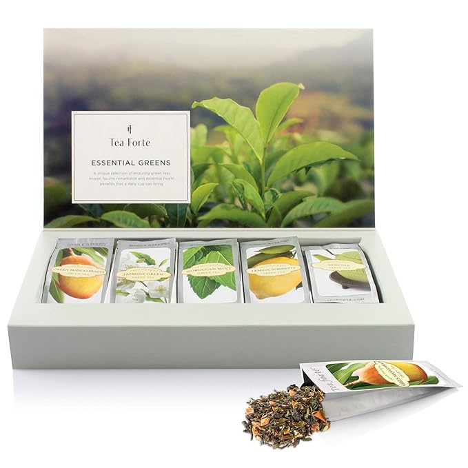 Tea Forte Green Tea Assortment Single Steeps Loose Leaf Premium Tea Gift Set Sampler, 15 Count 3 of Each Assorted Blends, Pre-Portioned Single Serve Pouches, Steeps 12 oz