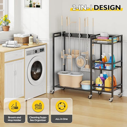Broom Holder with Cleaning Supplies Organizer, Movable Broom Closet Storage Cabinet with Cleaning Caddy, Cleaning Cart with Mop Rack, Janitorial Housekeeping Cart on Wheels, Laundry Room Organization