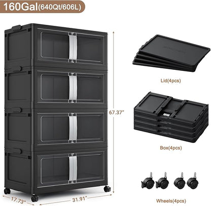 BROVIEW 640QT Stackable Storage Bins with Lids, 160Gal Extra Large Collapsible Storage Box with Wheel, Plastic Storages with Clear Door Open Front for Home Kitchen Garage, Black-4pack