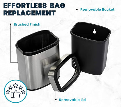 Alpine Stainless Steel Open Top Trash Can 5 Gallon - 20L Garbage Can for Kitchen, Bathroom, Office & More with Removable Bin, Brushed Nickel Finish, Space-Saving Slim Modern Design
