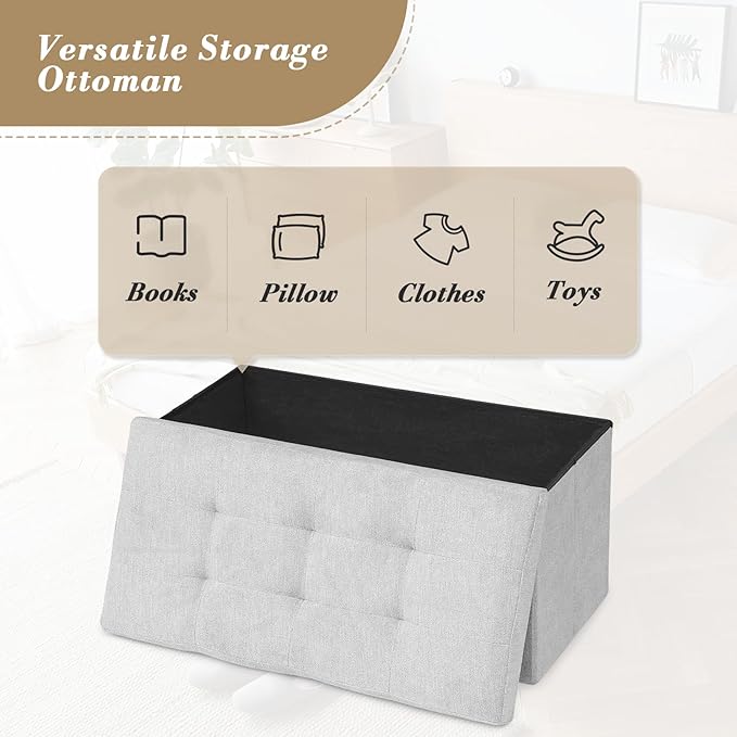 Athena Collection 30" Storage Ottoman Bench Folding Bench with 90L Hidden Storage, Large End of Bed Bench Linen Foot Rest Stool Chest with Flipping Lid for Living Room, Bedroom, Entryway, Light Gray