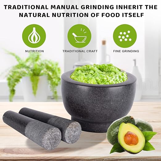 Mortar and Pestle Set,Heavy Duty,Unpolished Granite,6Inch-2Cup Capacity,Grinder for Spices and Seeds,Grinding,Crushing and Mashing Spices,Nuts,for Guacamole,Garlic Sauce,Black..