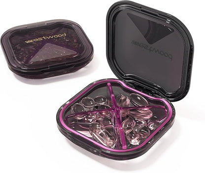 1 Pack Small Purple Pill Organizer, 4 Compartments, Compact Stylish Cute Travel Camping Pill Box Daily Medicine Pill Case, Portable and Moistureproof to Store Vitamins, Medication and Supplements