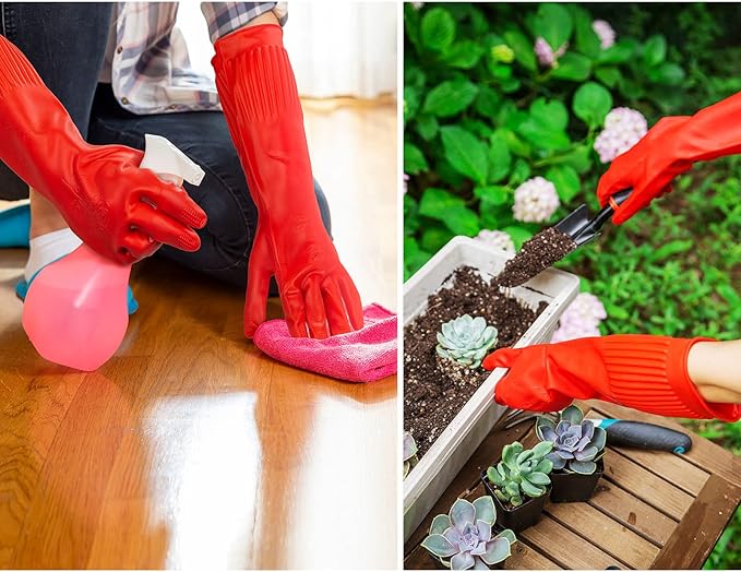Vgo 2-Pairs Dishwashing Gloves, Reusable Household Gloves, Long Sleeve, Thick Latex, Cleaning, Washing, Working, Painting, Gardening, Pet Care (Size S, Red, RB2143)